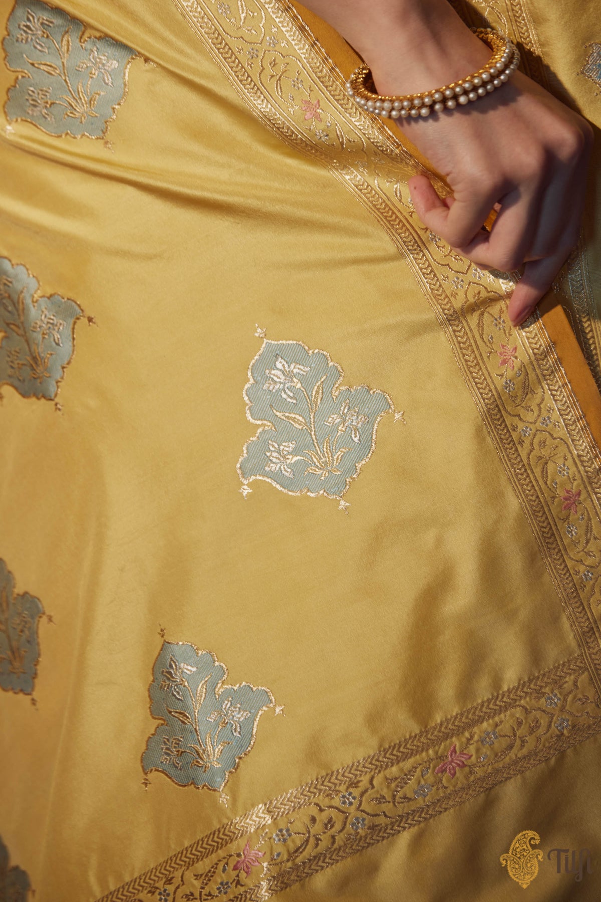 &#39;Shanta&#39; Yellow Pure Katan Silk Banarasi Handloom Saree