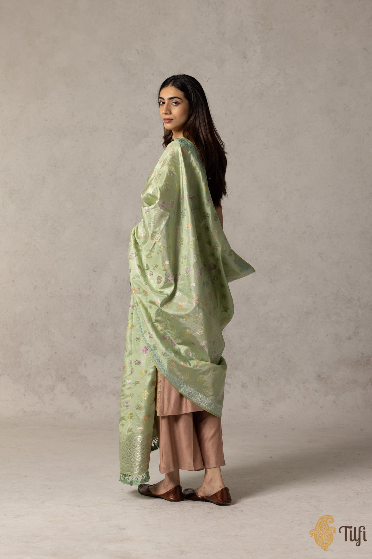 Pastel Green Pure Katan Silk Tissue Banarasi Handloom Dupatta