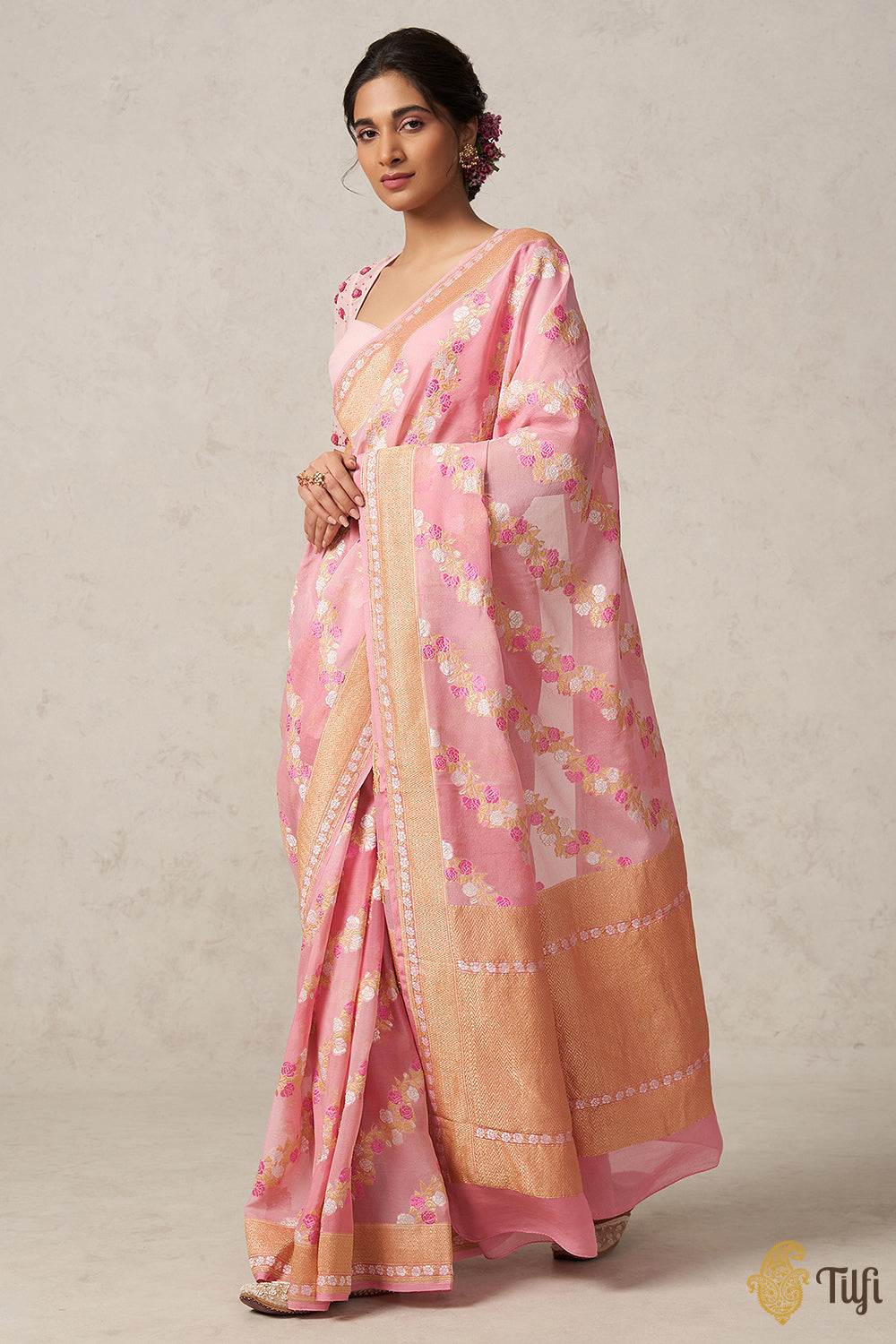 Pre-Order: Soft Pink Pure Khaddi Georgette Banarasi Handloom Saree