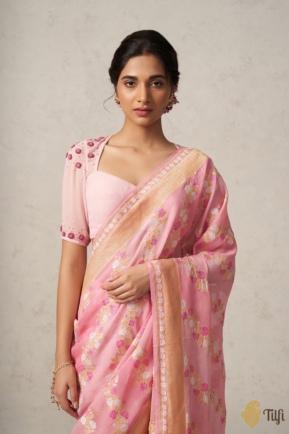Pre-Order: Soft Pink Pure Khaddi Georgette Banarasi Handloom Saree