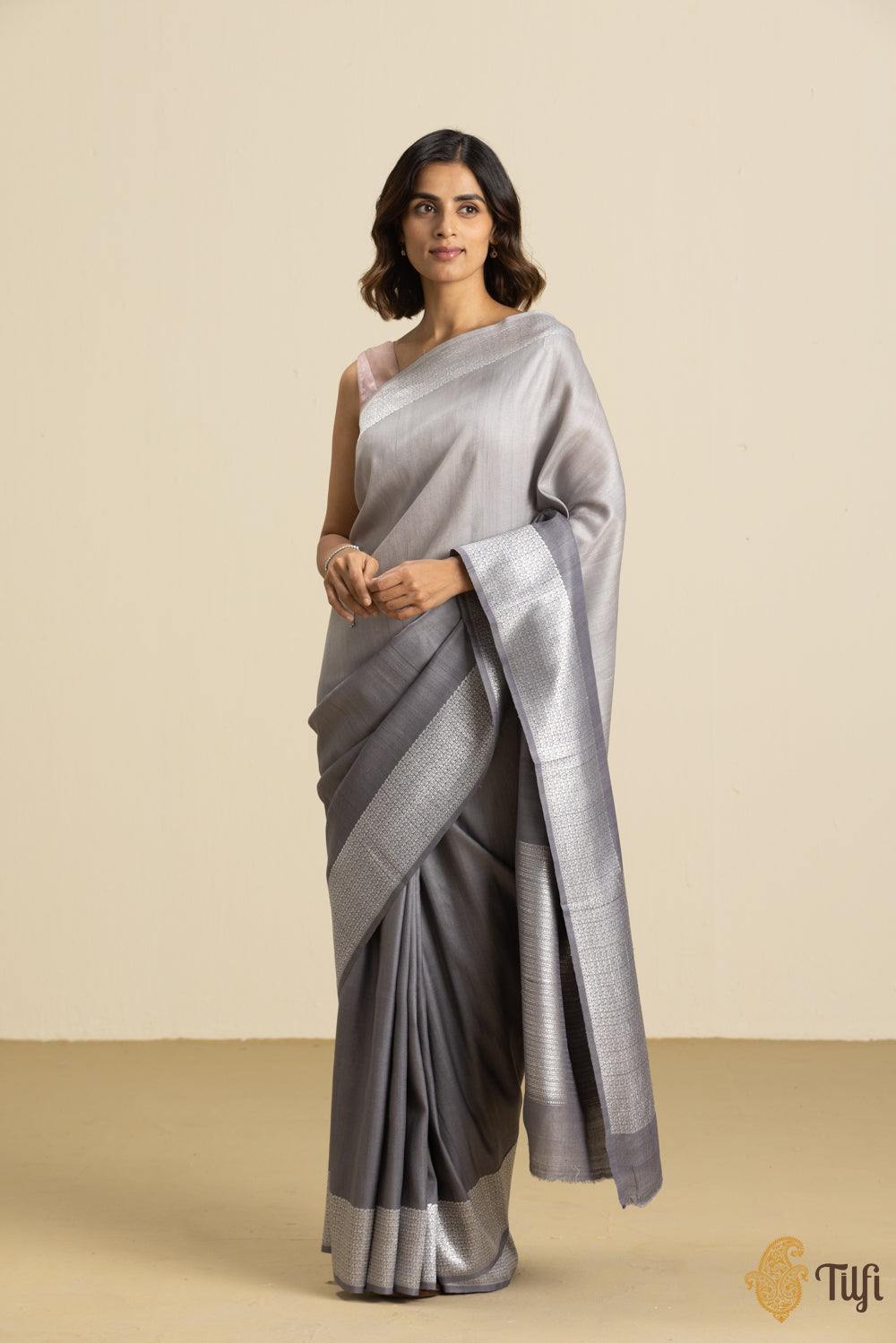 Pre-Order: Grey Ombré Pure Tussar Georgette Silk Banarasi Handloom Saree