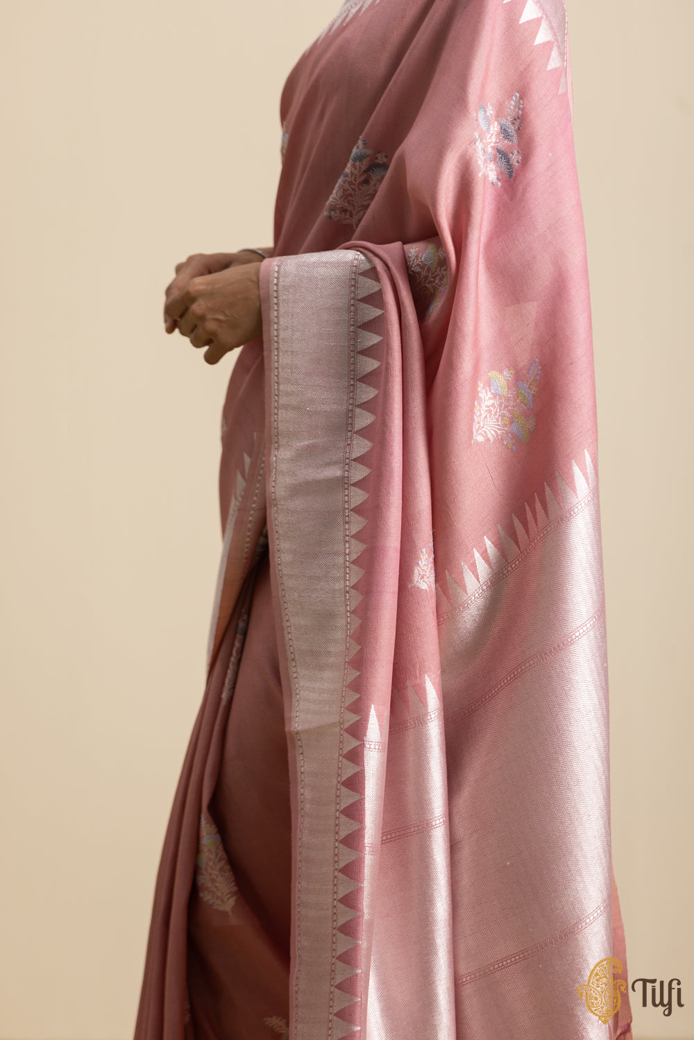 Old Rose Pink Pure Tussar Georgette Silk Banarasi Handloom Saree