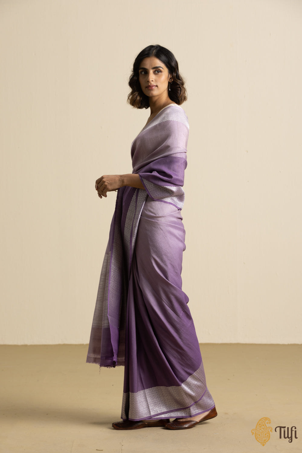 Pre-Order: Purple-Mauve Ombré Pure Tussar Georgette Silk Banarasi Handloom Saree