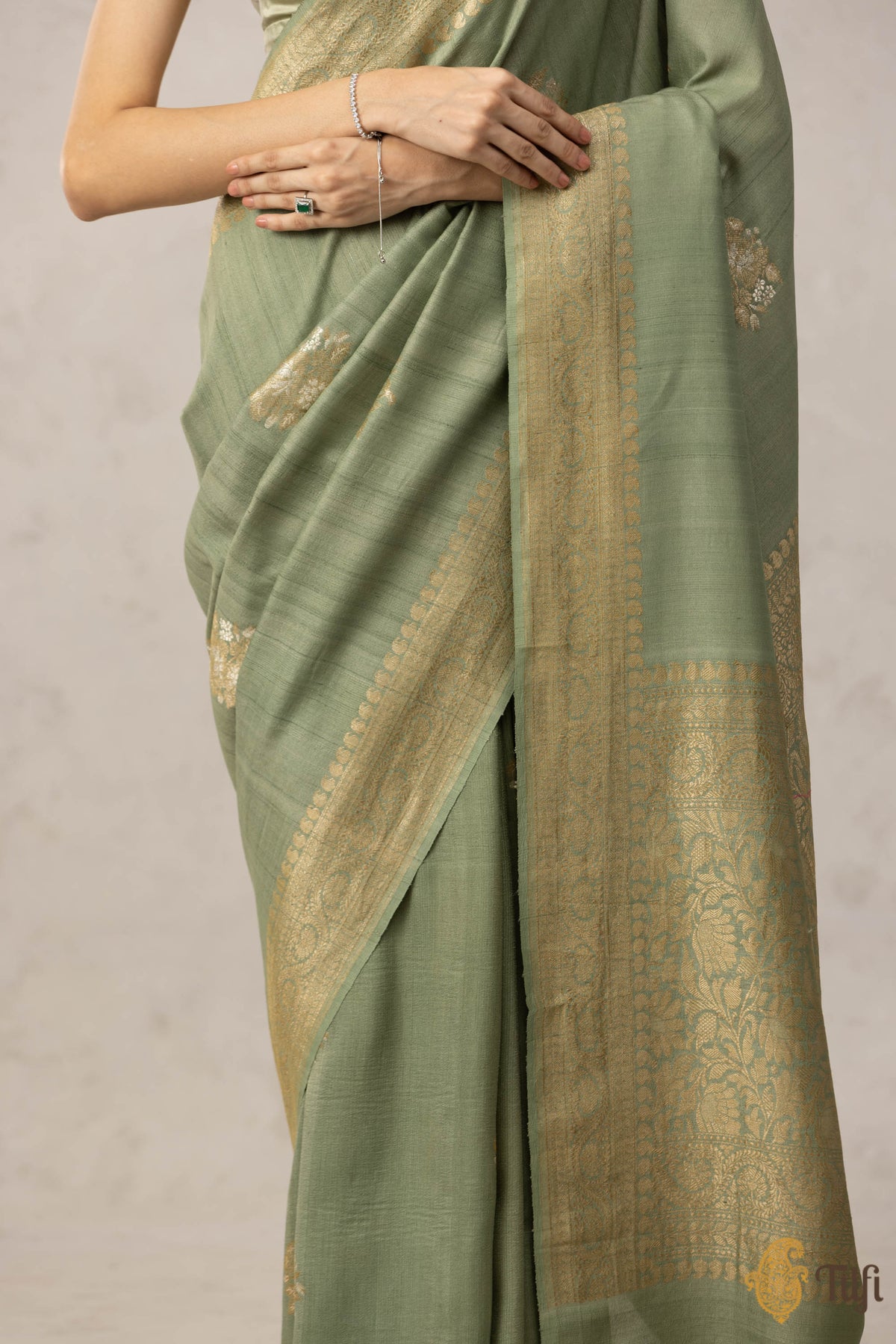 Pre-Order: Sage Green Pure Tussar Georgette Silk Banarasi Handloom Saree
