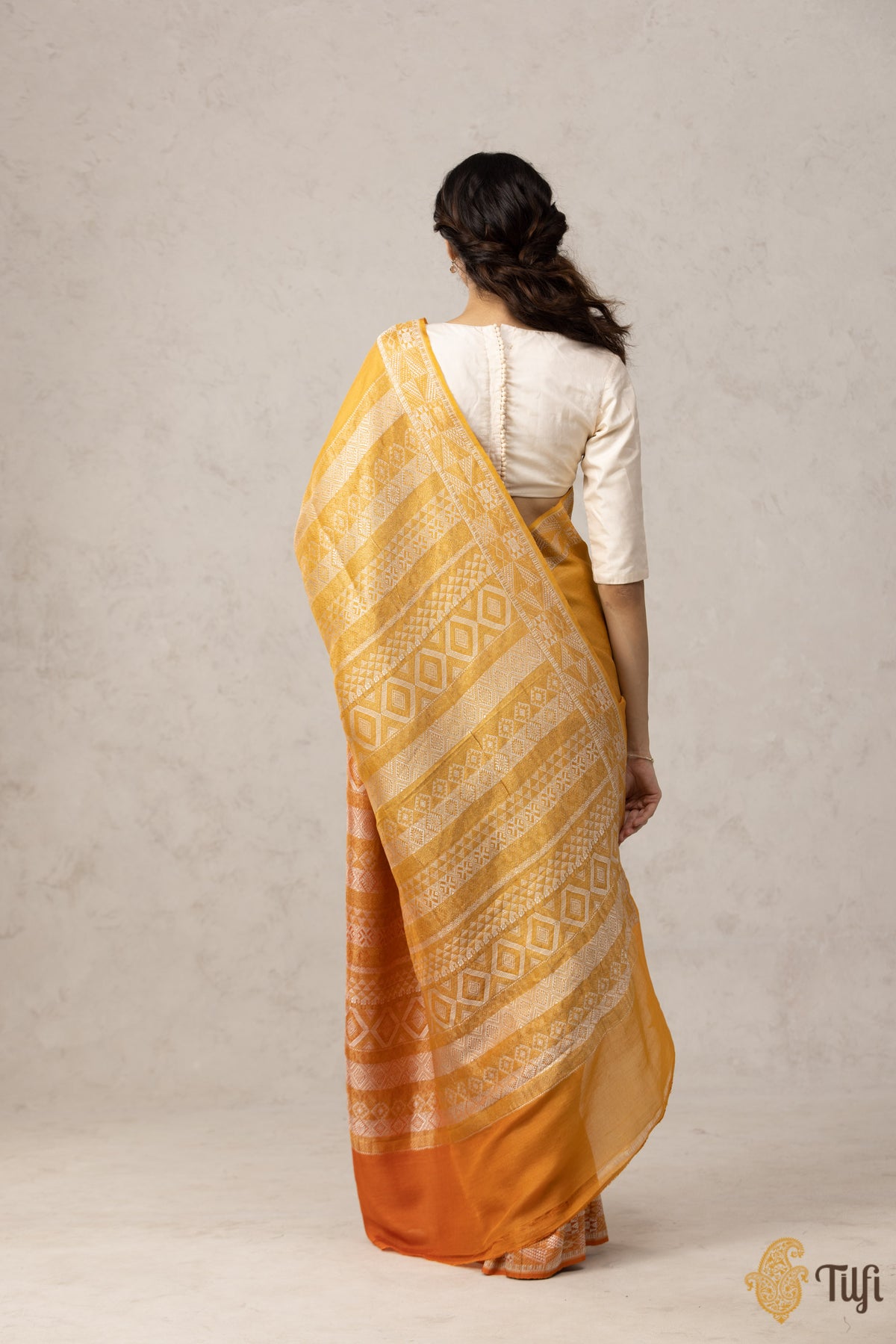 Pre-Order: Yellow-Orange Ombr√© Pure Tussar Georgette Silk Banarasi Handloom Saree