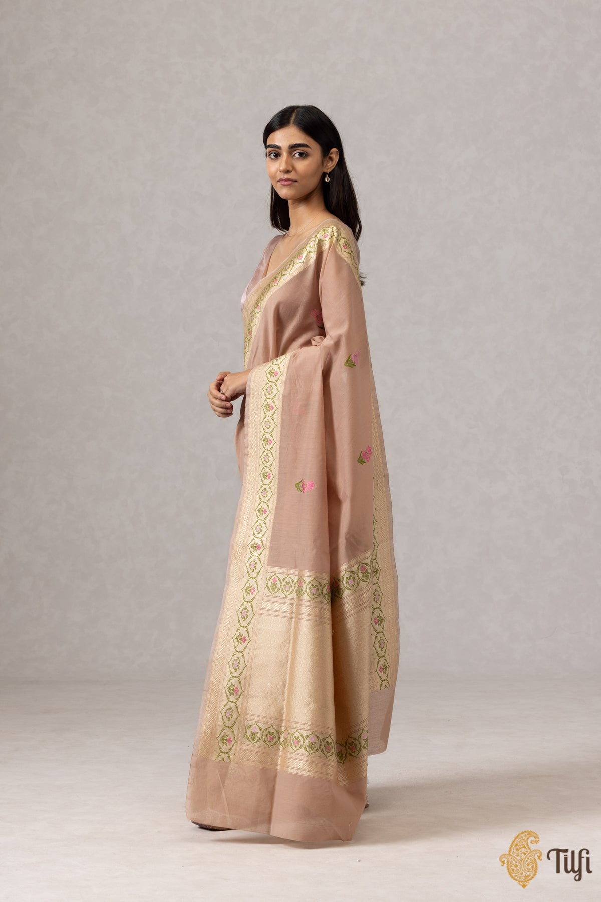Rosy Brown Pure Kora Silk by Cotton Handwoven Banarasi Saree