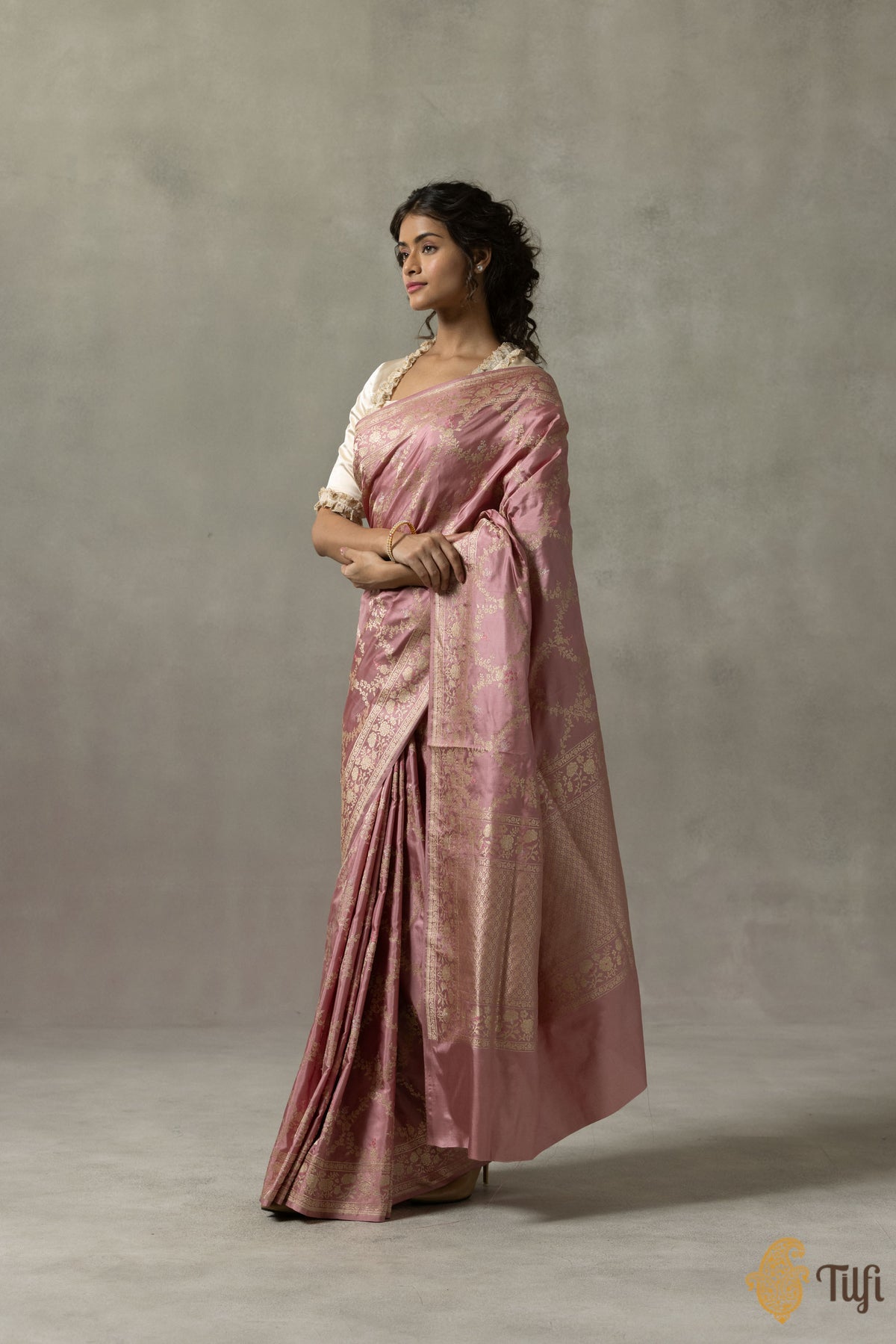 &#39;Anne&#39; Dusty Pink Pure Katan Silk Banarasi Handloom Saree