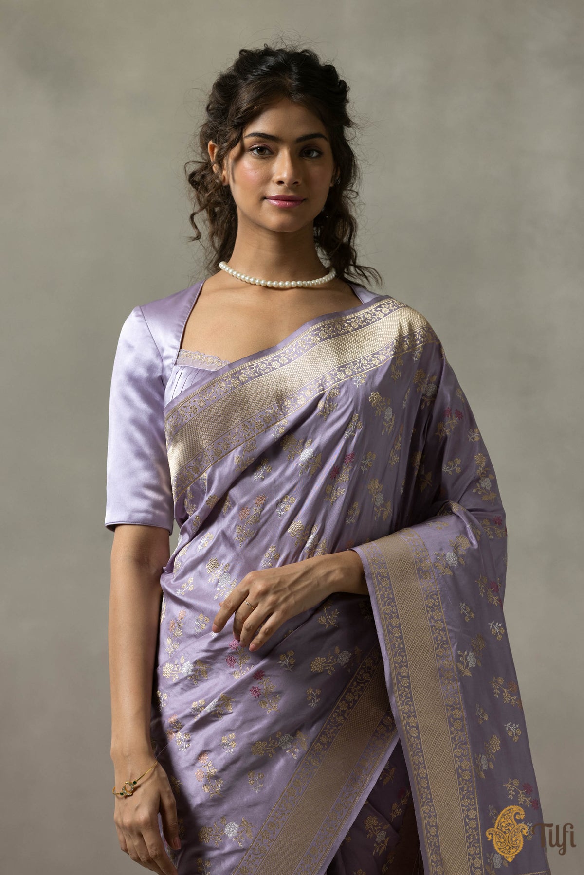 &#39;Marie&#39; Lilac Purple Pure Katan Silk Banarasi Handloom Saree