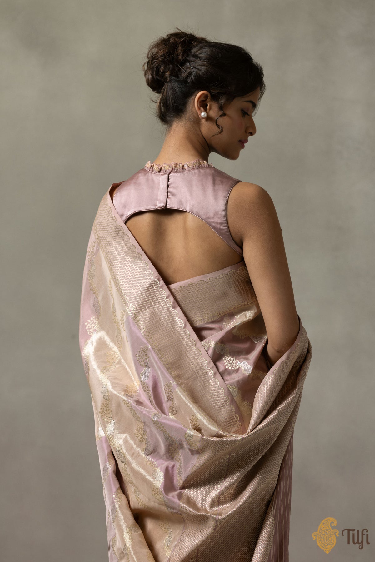 &#39;Gabrielle&#39; Nude Pink-Gold Rangkat Pure Katan and Tissue Silk Banarasi Handloom Saree