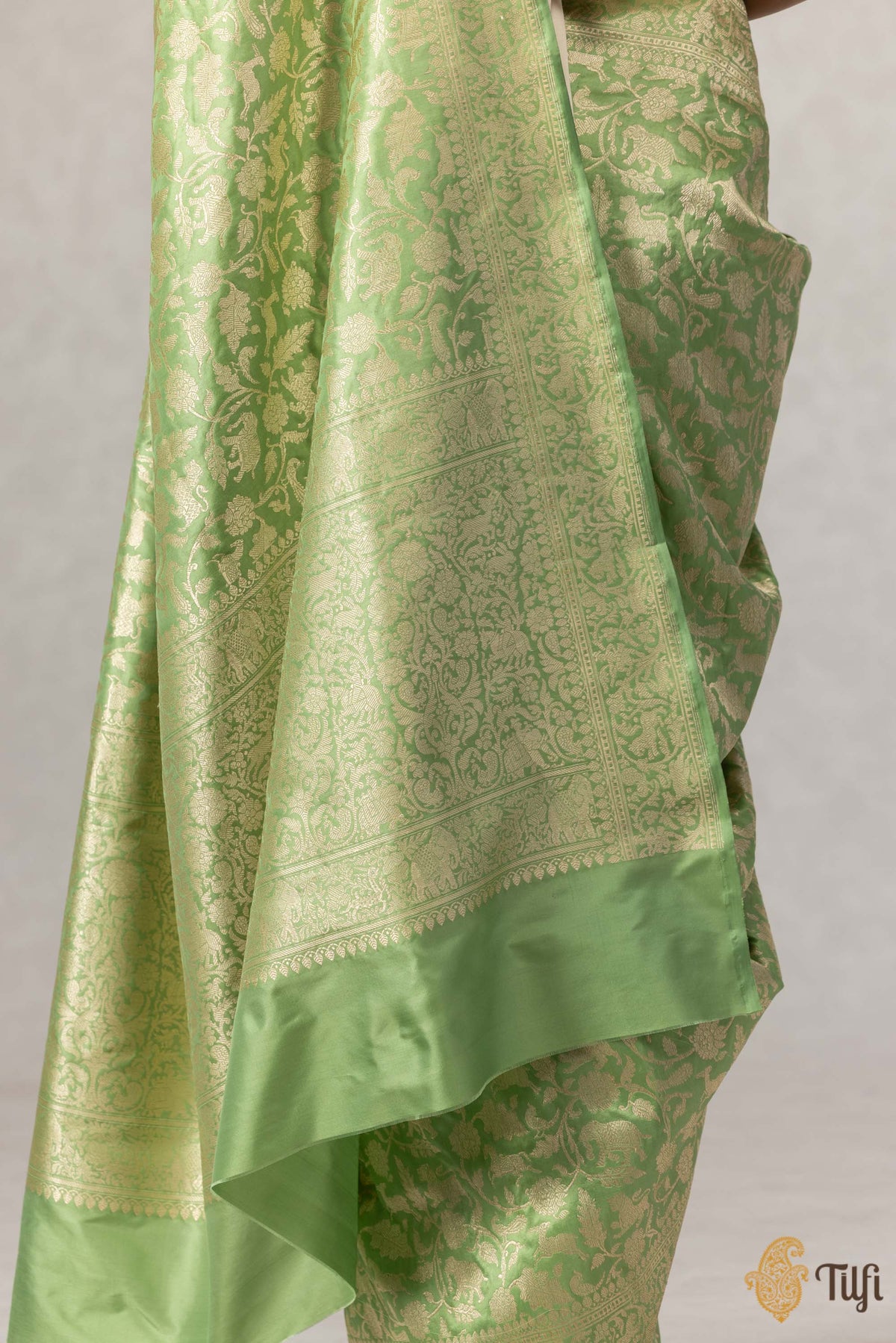 Green Pure Katan Silk Banarasi Shikargah Handloom Saree