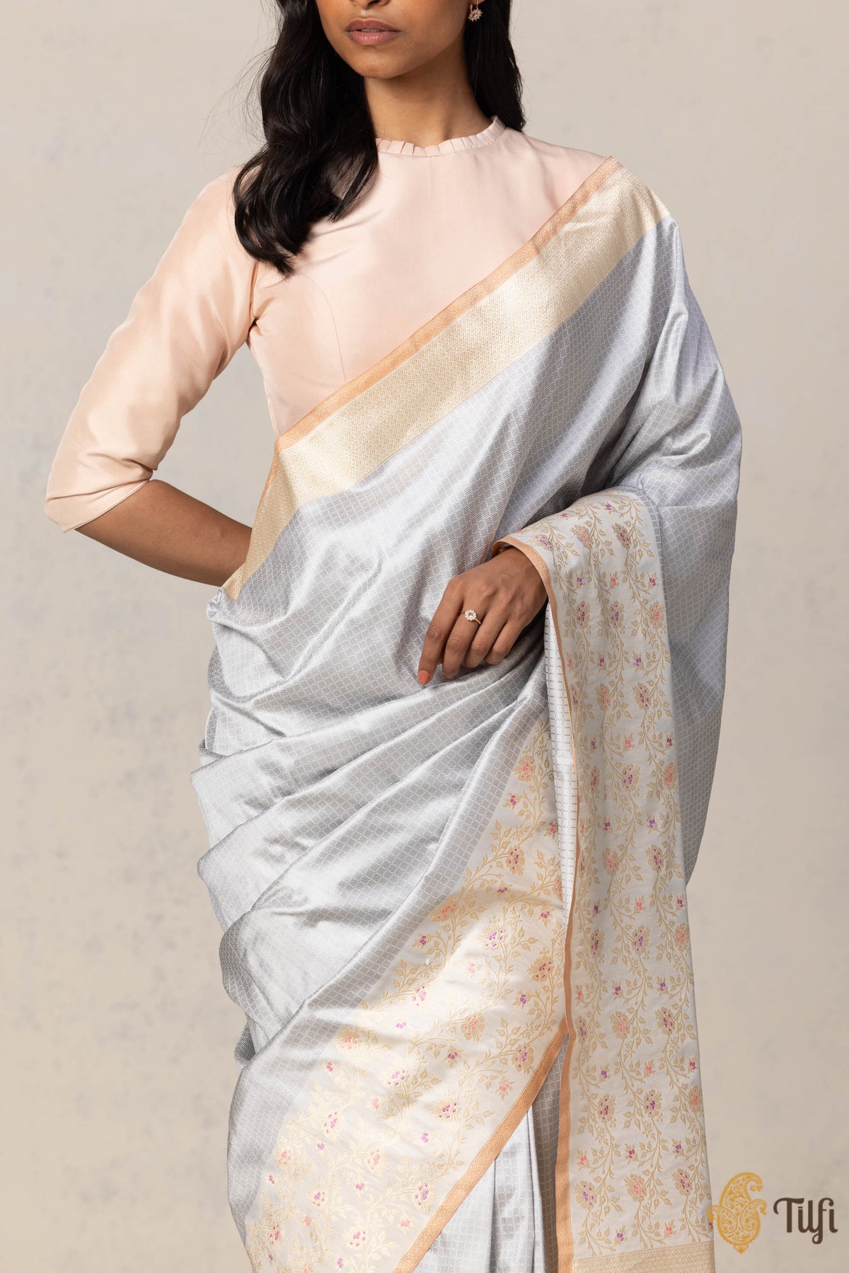 Off-White-Grey Pure Katan Silk Banarasi Handloom Saree