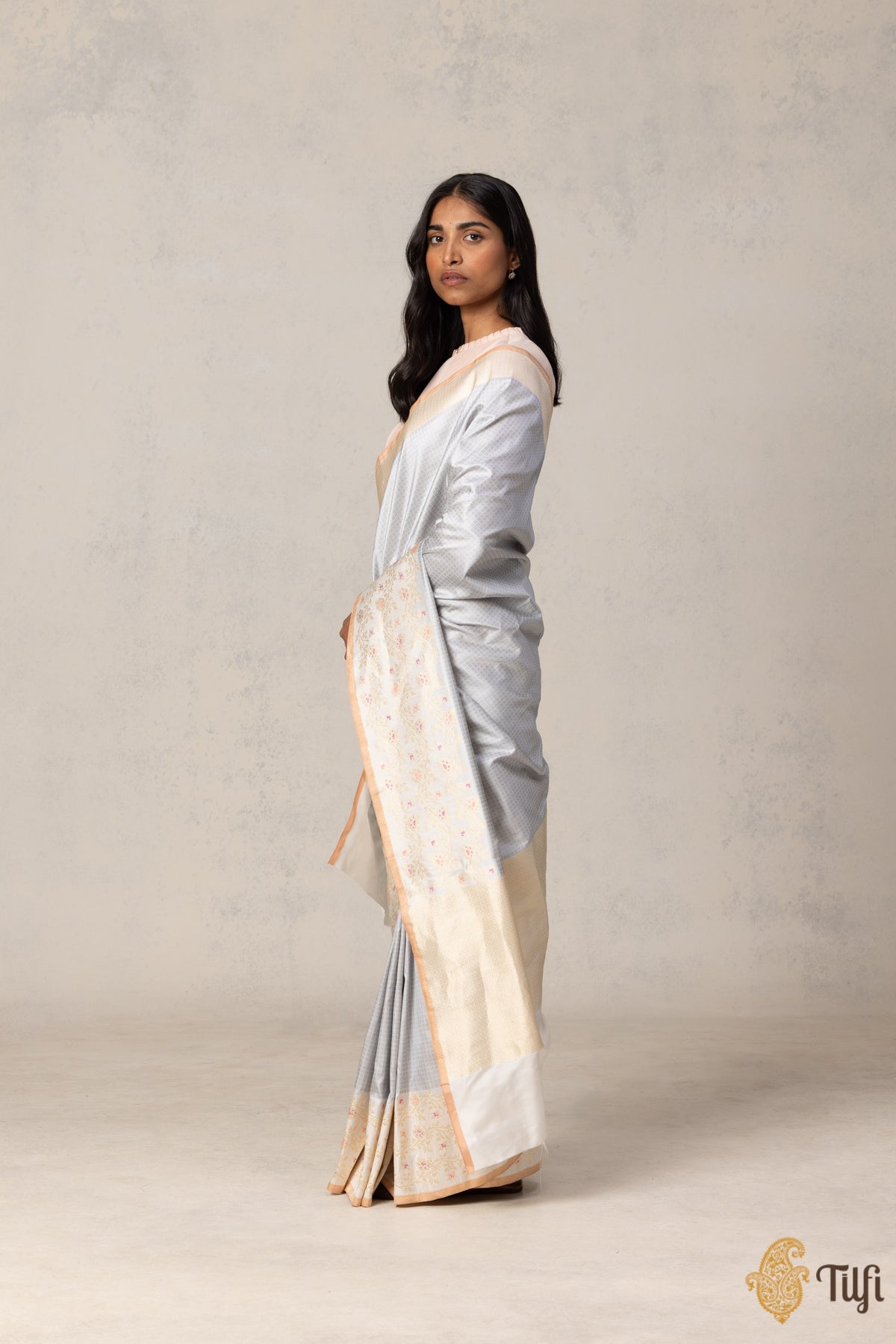 Off-White-Grey Pure Katan Silk Banarasi Handloom Saree