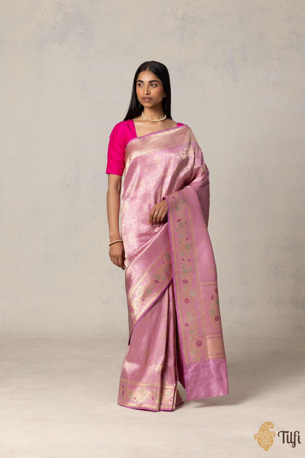 &#39;Tara&#39; Pink Pure Katan Silk Banarasi Handloom Saree