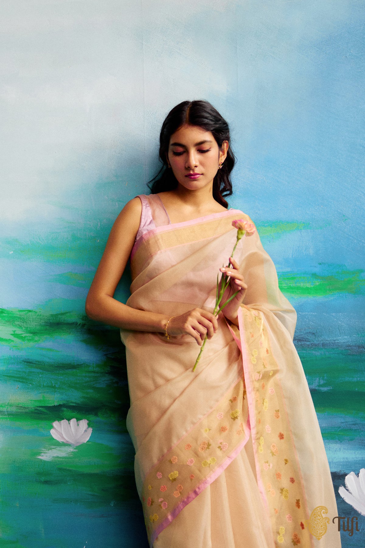 Beige Pure Kora Silk Tissue Border Banarasi Handloom Saree