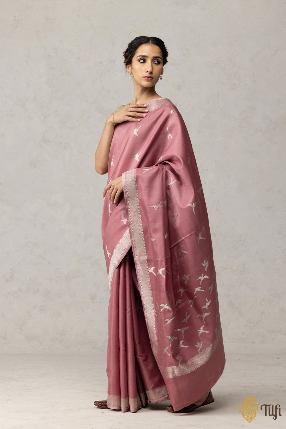 Rosy Pink Pure Kora by Cotton Satin Banarasi Handloom Saree