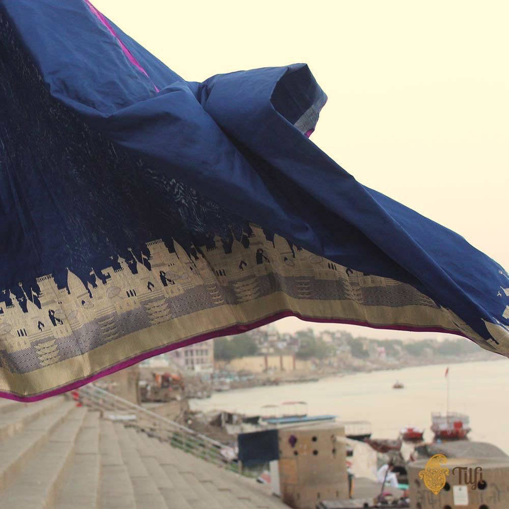 &#39;Kashi&#39; Navy Blue Pure Katan Silk Banarasi Handloom Saree