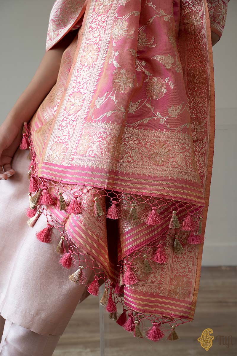 Light Yellow-Pink Pure Katan Silk Banarasi Kadwa Handloom Dupatta