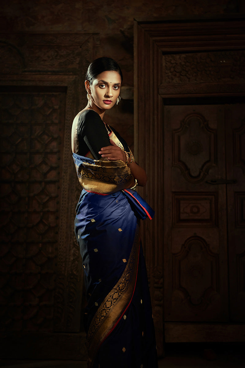 &#39;Tarini&#39; Navy Blue Pure Katan Silk Ektara Banarasi Handloom Saree