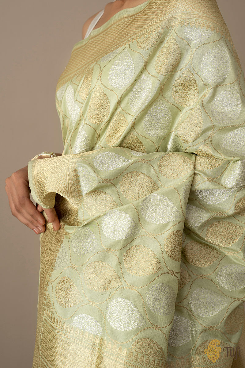 &#39;Vedika&#39; Pista Green Pure Katan Silk Banarasi Handloom Saree