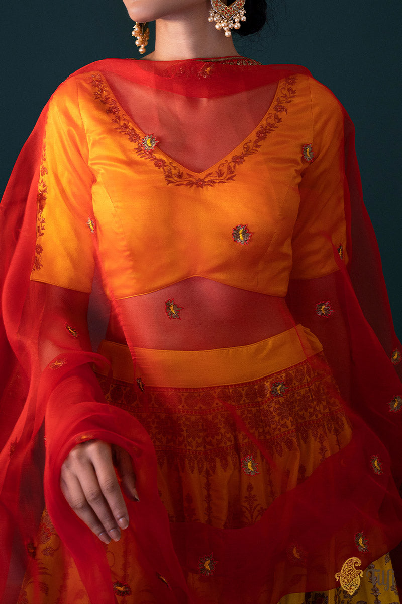 &#39;Nargis&#39; Yellow Pure Katan Silk Banarasi Handloom Lehenga Set
