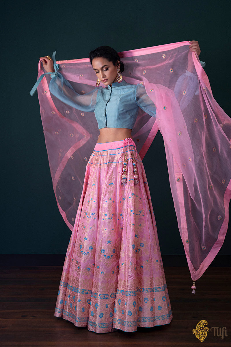 Neon Pink Pure Katan Silk Banarasi Handloom Lehenga Set