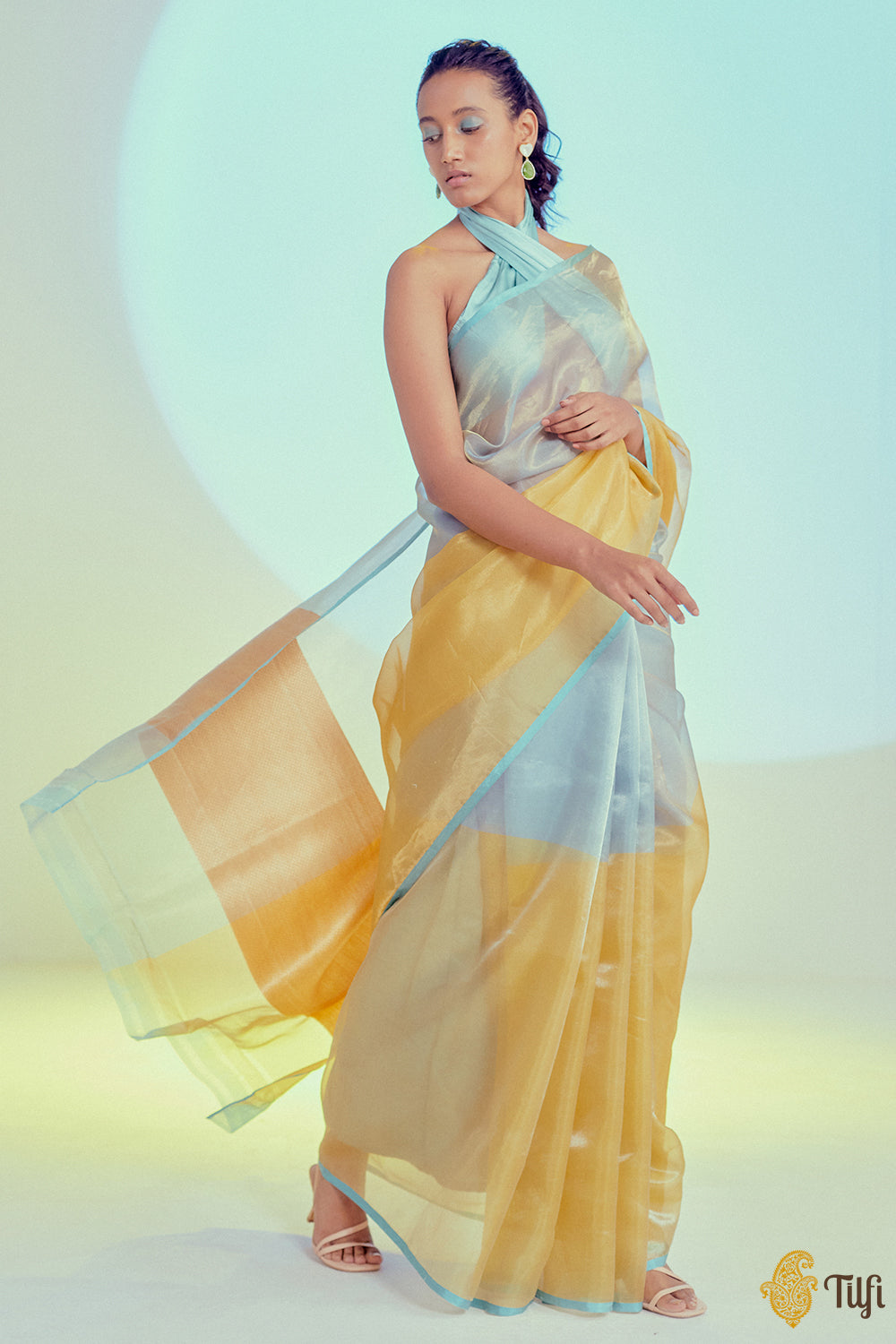 Pre-Order: Yellow-Blue Pure Kora Silk Tissue Banarasi Handloom Saree