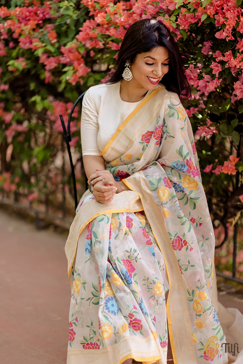 &#39;Nosheen&#39; White Pure Cotton Jamdani Real Zari Banarasi Handloom Saree