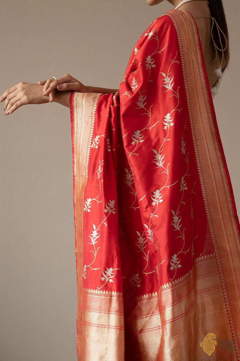 KJ0011-Red Pure Katan Silk Banarasi Handloom Saree