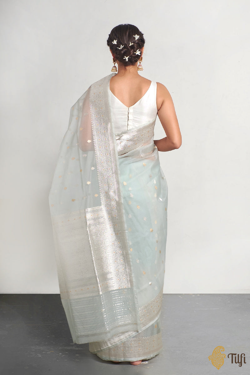 &#39;Varsha&#39; Light Blue Pure Kora Silk Handloom Banarasi Kadwa Saree