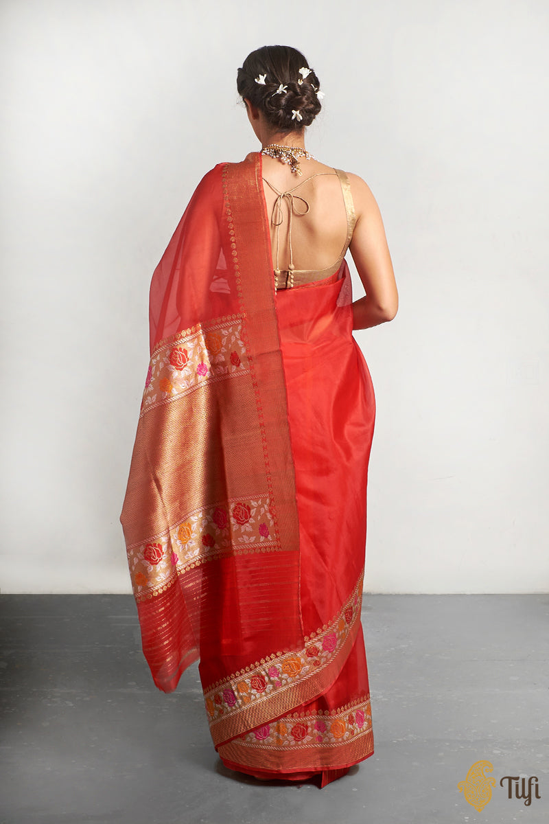 &#39;Indrani&#39; Red Pure Kora Silk Banarasi Handloom Saree