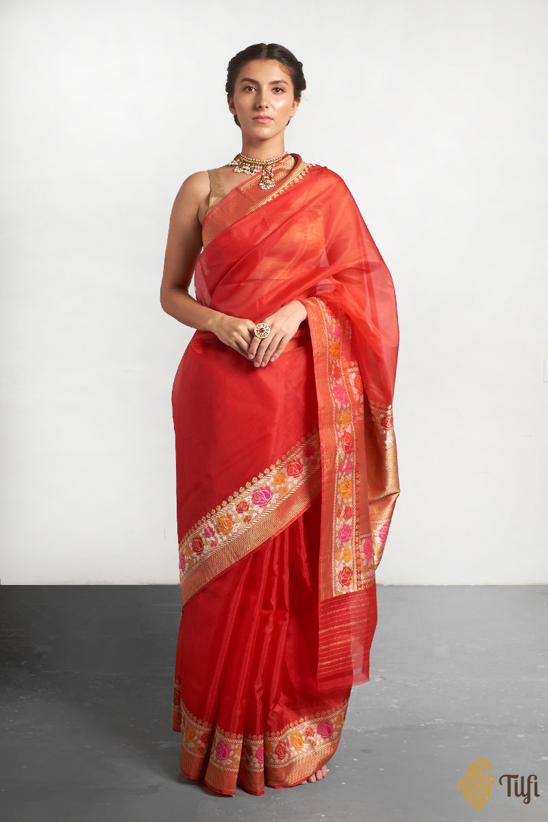 &#39;Indrani&#39; Red Pure Kora Silk Banarasi Handloom Saree