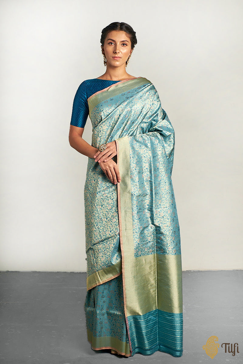 &#39;Urvashi&#39; Mint Blue Pure Katan Silk Banarasi Handloom Saree