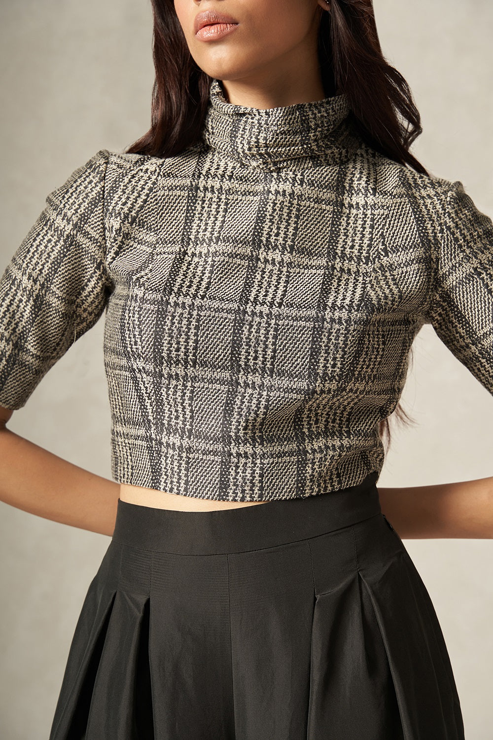 Black and White Pure Silk Handwoven Plaid Patterned High Neck Top