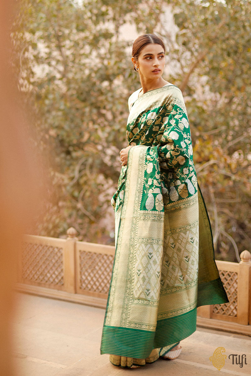 &#39;Anuradha&#39; Bottle Green Pure Katan Silk Banarasi Handloom Saree