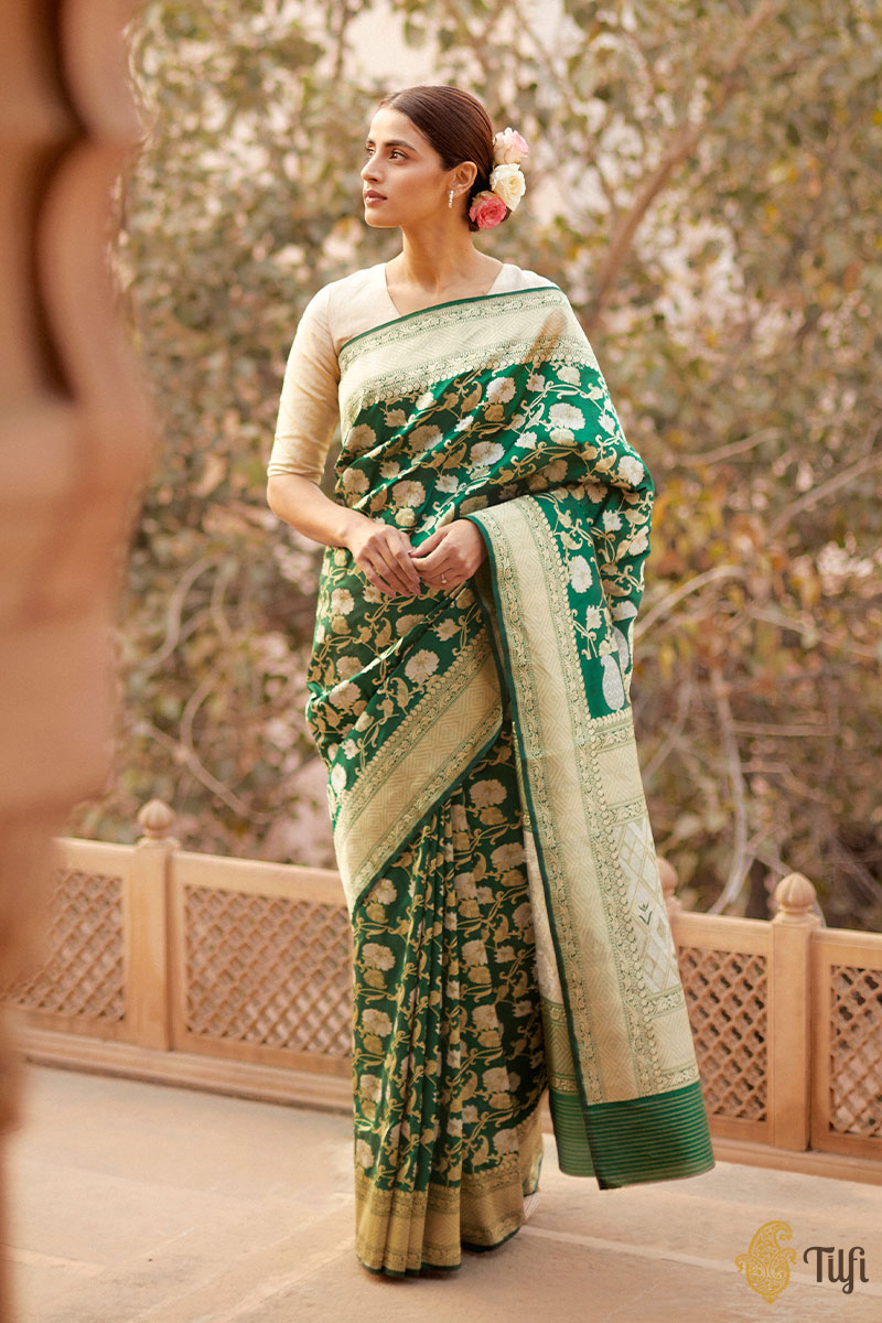 &#39;Anuradha&#39; Bottle Green Pure Katan Silk Banarasi Handloom Saree