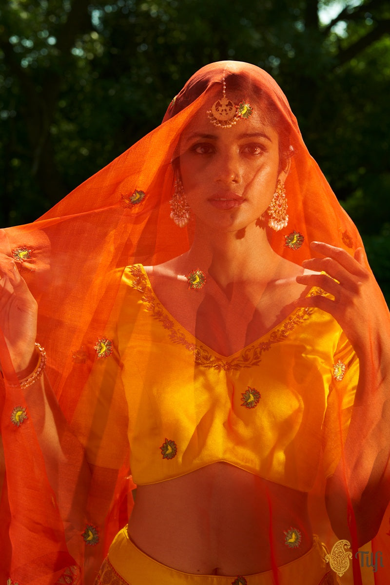 &#39;Nargis&#39; Yellow Pure Katan Silk Banarasi Handloom Lehenga Set