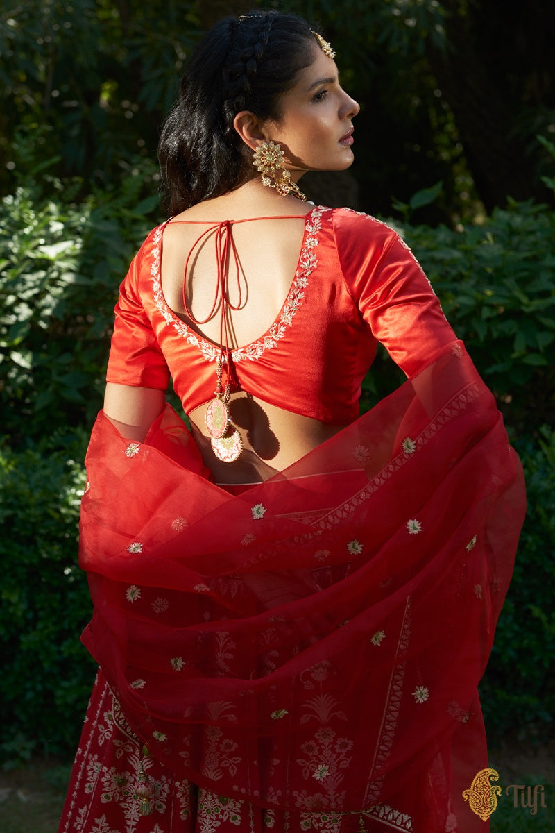 Red Pure Katan Silk Banarasi Handloom Lehenga Set