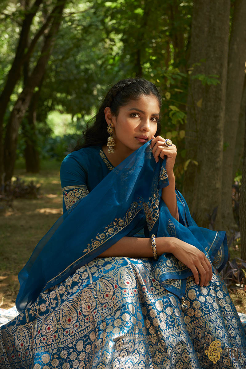 &#39;Firdaus&#39; Blue Pure Katan Silk Banarasi Handloom Lehenga Set