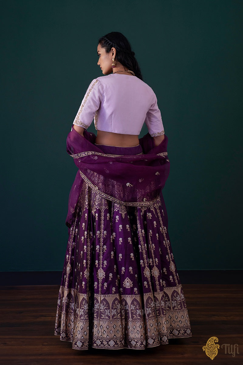 Purple Pure Katan Silk Banarasi Handloom Lehenga Set