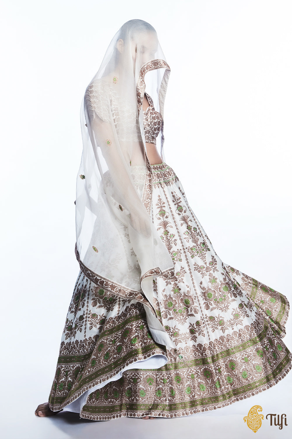 &#39;Nargis&#39; White Pure Katan Silk Banarasi Handloom Lehenga Set