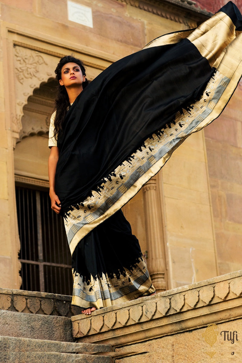 Pre-Order: &#39;Kashi&#39; Black Pure Katan Silk Banarasi Handloom Saree
