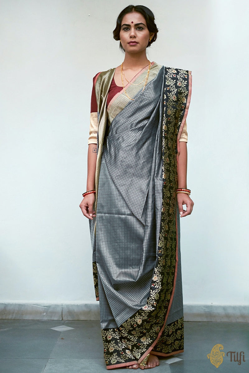 Black-Grey Pure Katan Silk Banarasi Handloom Saree