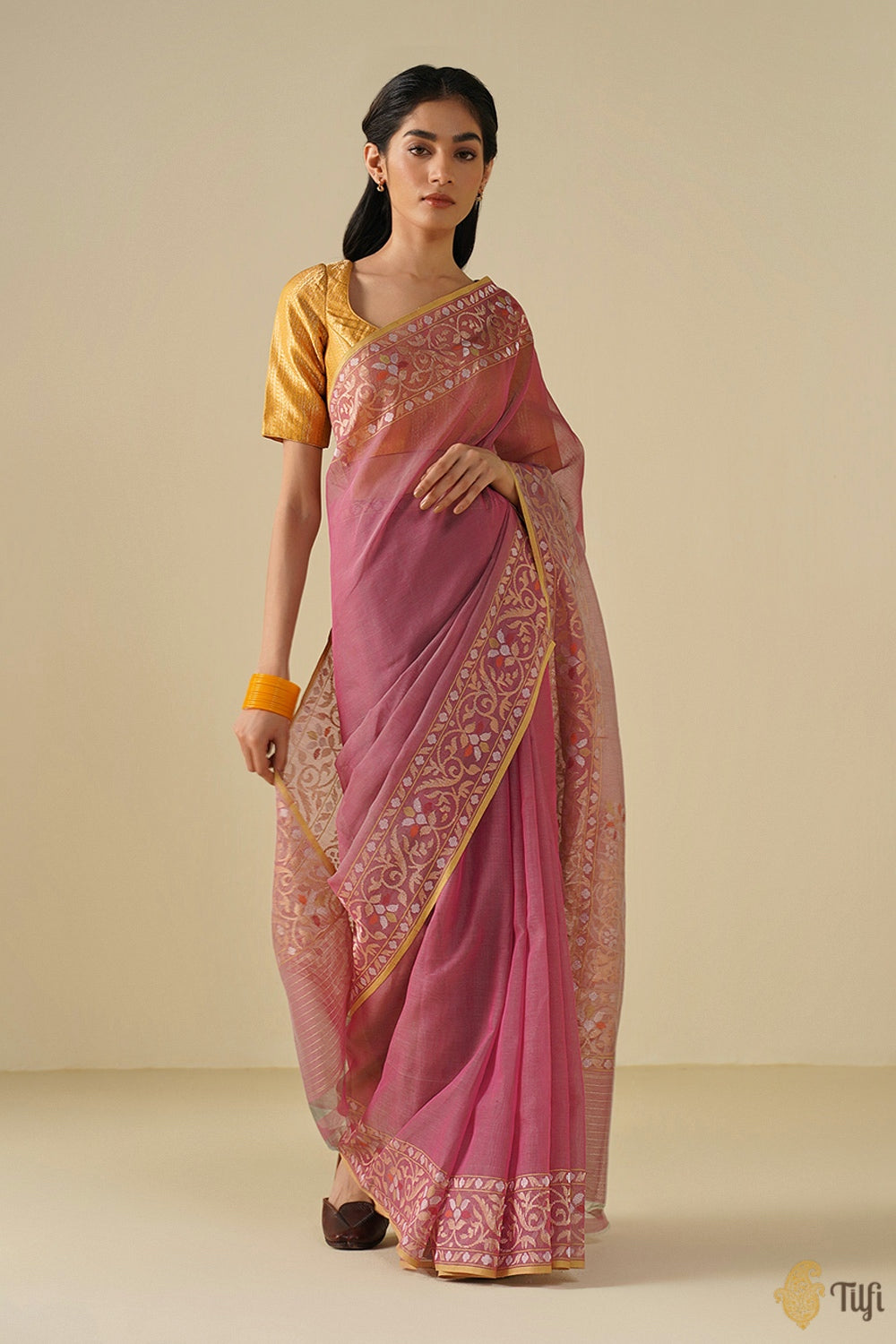 &#39;Lekha&#39; Rust Pink Pure Cotton Jamdani Real Zari Banarasi Handloom Saree