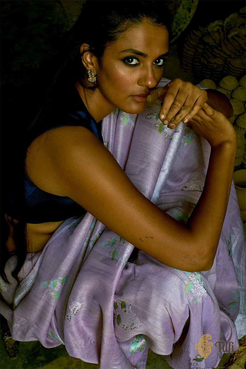 &#39;Dharini&#39; Cool Lavender Pure Tussar Georgette Silk Banarasi Handloom Saree