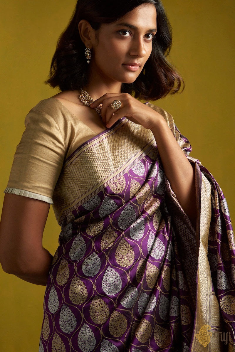 &#39;Vedika&#39; Purple Pure Katan Silk Banarasi Handloom Saree