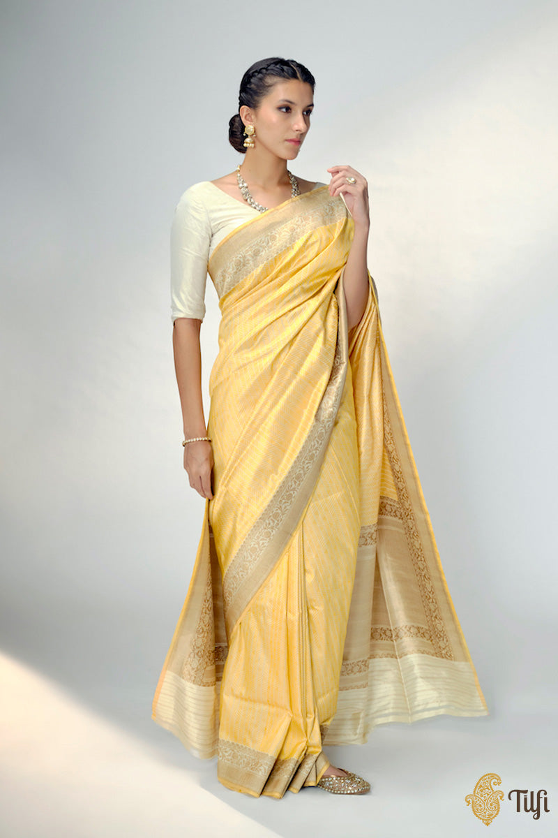 Off-White - Yellow Pure Katan Silk Banarasi Handloom Saree