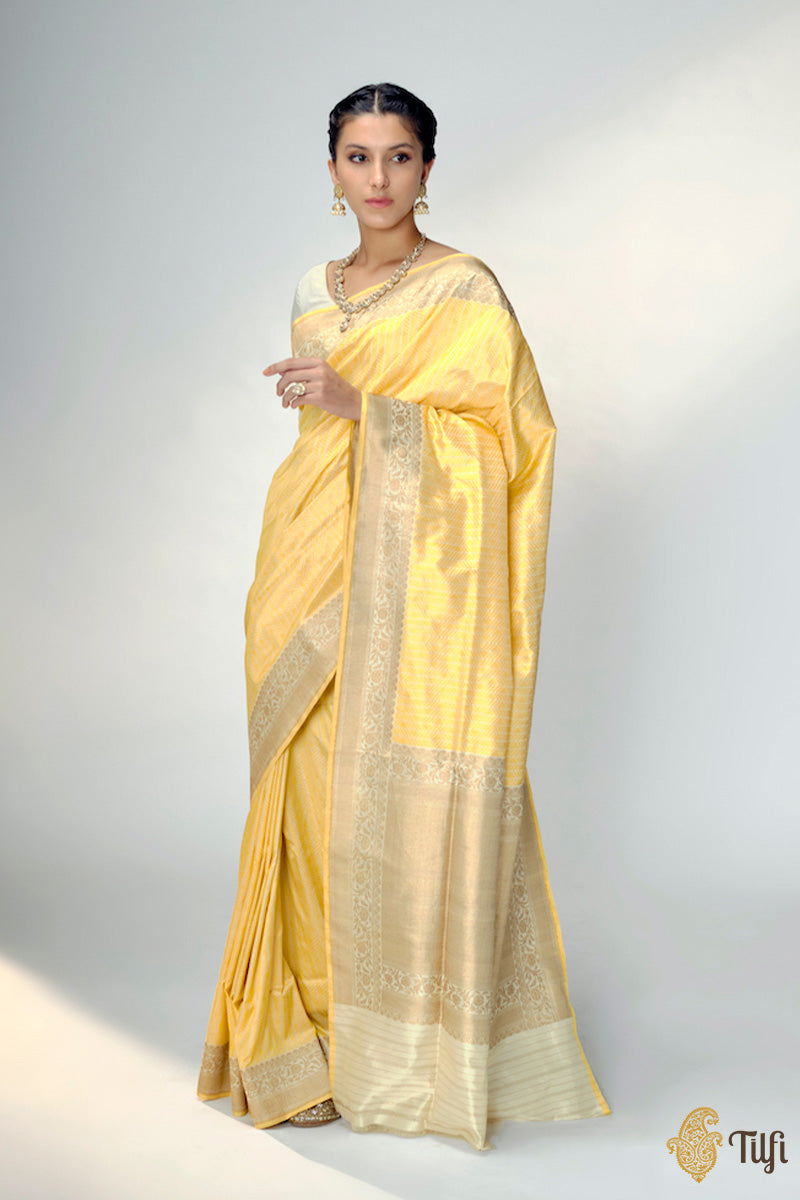Off-White - Yellow Pure Katan Silk Banarasi Handloom Saree