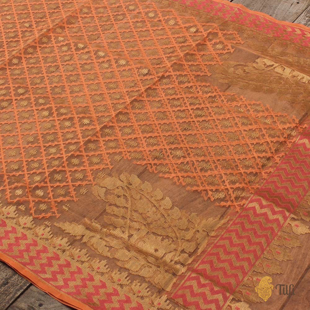 Orange Pure Kora Net Dupatta &amp; Grey Pure Dupion Silk Net Fabric Set