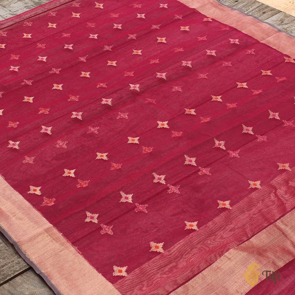 Rani Pink Pure Kora Net Dupatta &amp; Grey Pure Dupion Silk Fabric Set
