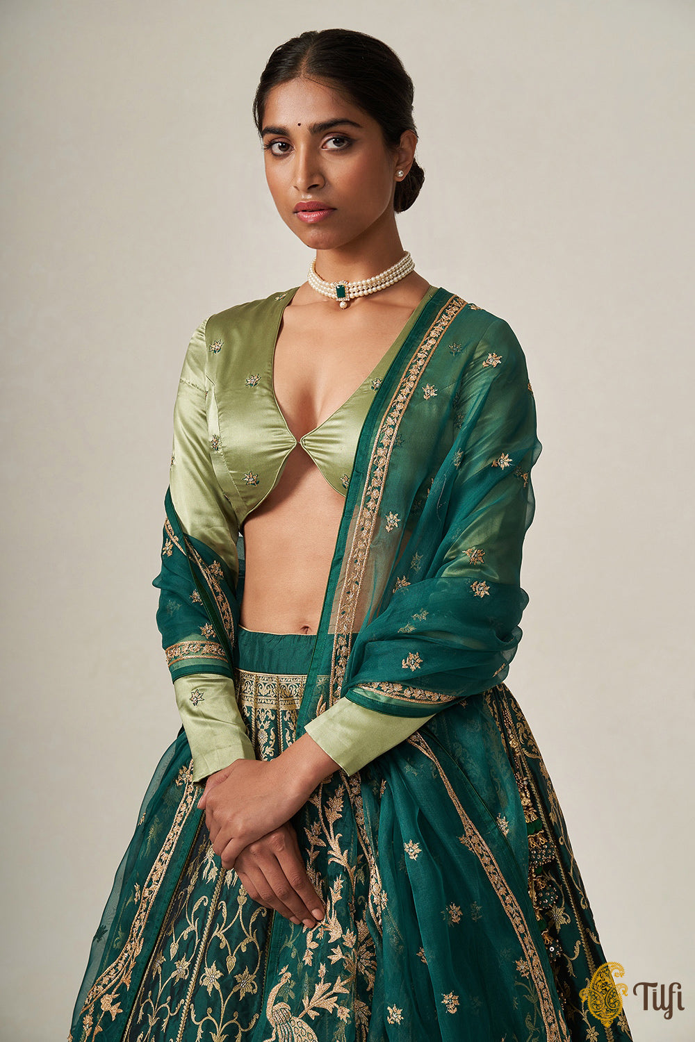 &#39;Indira&#39; Green Pure Katan Silk Banarasi Handloom Lehenga Set